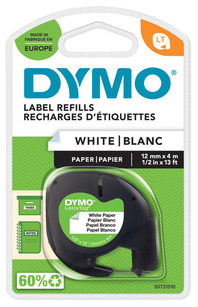 Picture of DYMO 91200 Black on White Paper Letratag Tape - 12mm X 4m